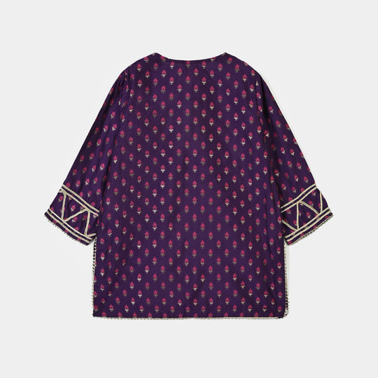 Girls Cotton Jacquard Emb 2Pc Suit Glow-Purple