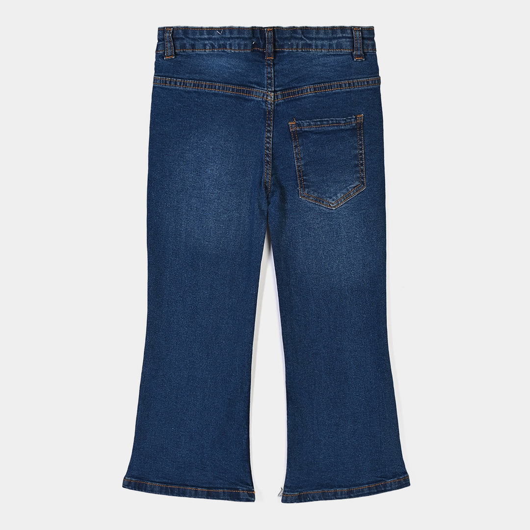 Girls Denim rigid Pant Yoke Studs-Mid Blue