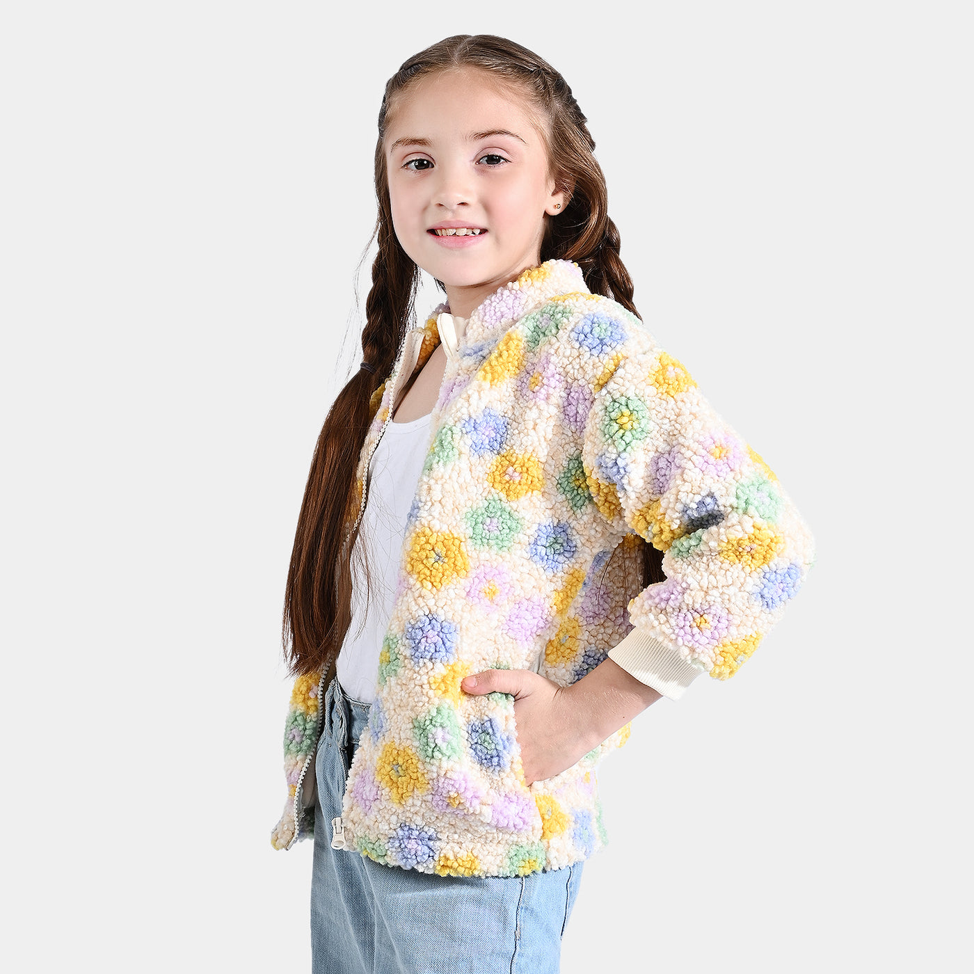 Girls Fleece Knitted Jacket Pastel Garden-Multi