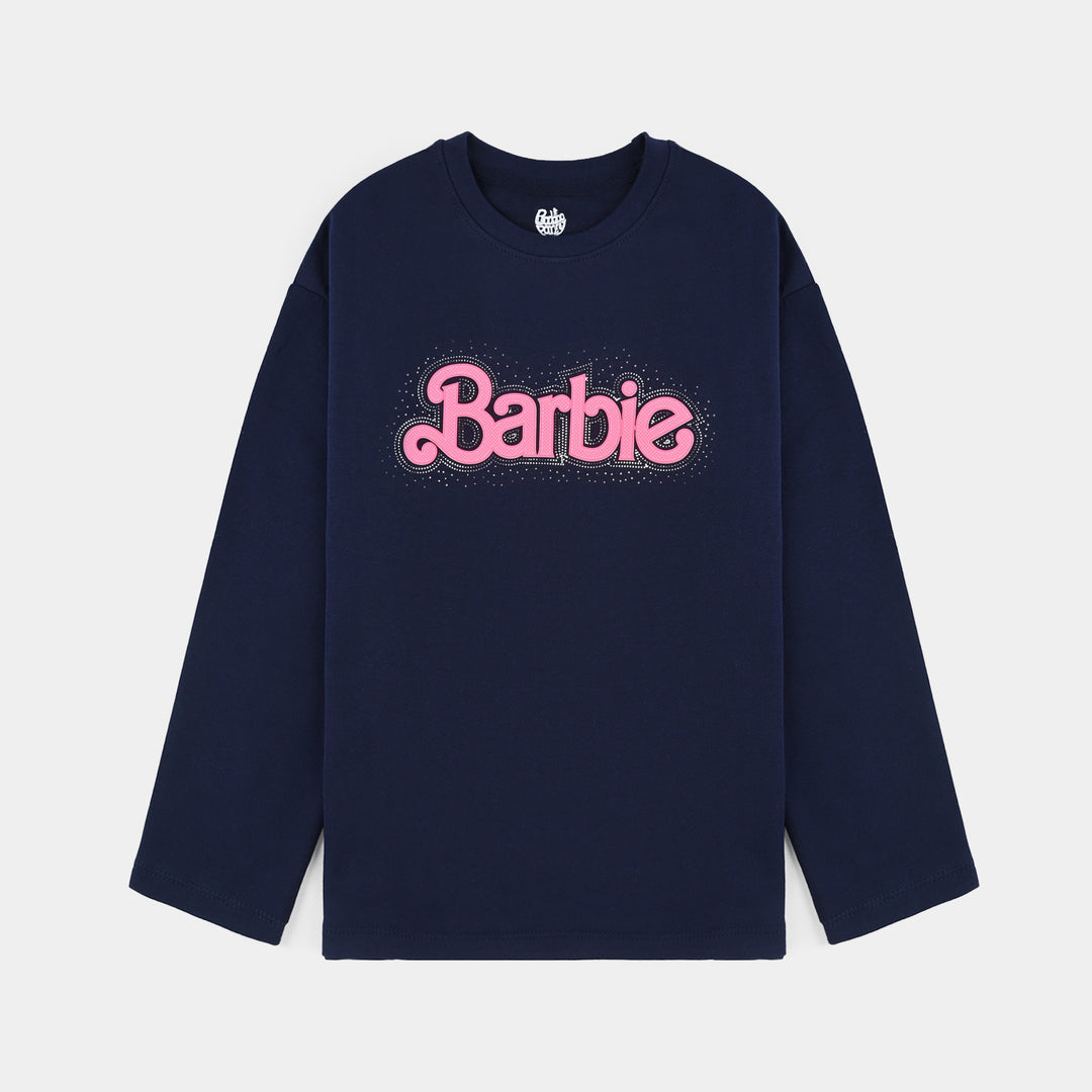 Girls Cotton Terry T-Shirt F/S-NAVY