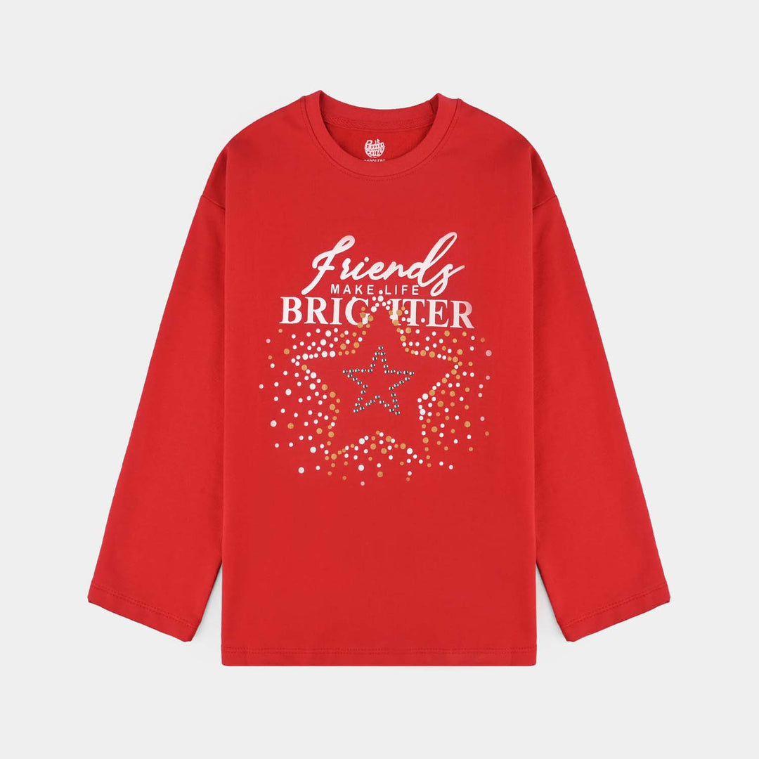 Girls Cotton Terry T-Shirt F/S Friends-Chines.Red