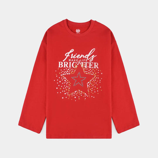 Girls Cotton Terry T-Shirt F/S Friends-Chines.Red
