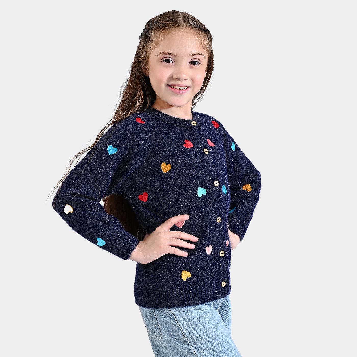 Girls Feather-Acrylic Sweater Love Yourself-NAVY