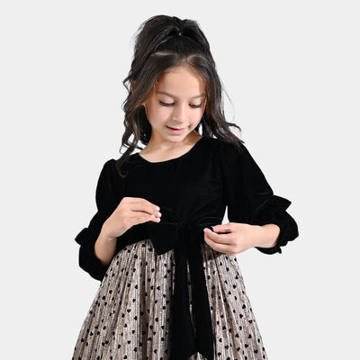 Girls Velvet & Net Fancy Frock Hearts-Black