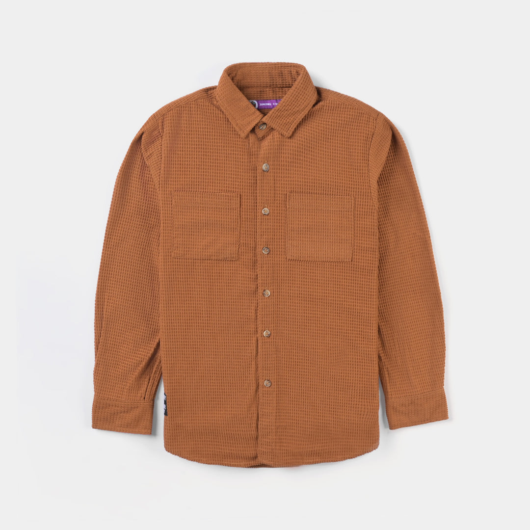 Boys Corduroy Casual Shirt F/S (Here comes fun)-BROWN