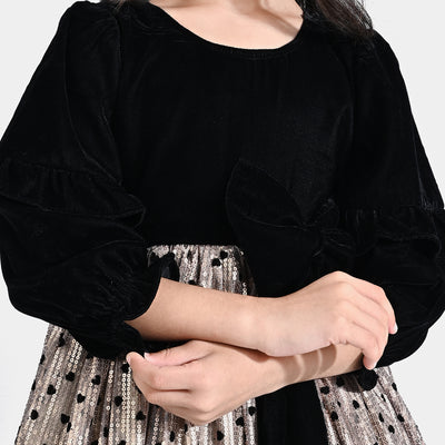 Girls Velvet & Net Fancy Frock Hearts-Black