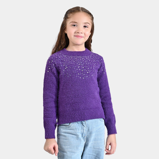 Girls Mix Fabric Sweater Sequins -Purple