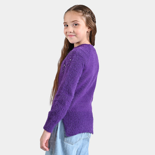 Girls Mix Fabric Sweater Sequins -Purple