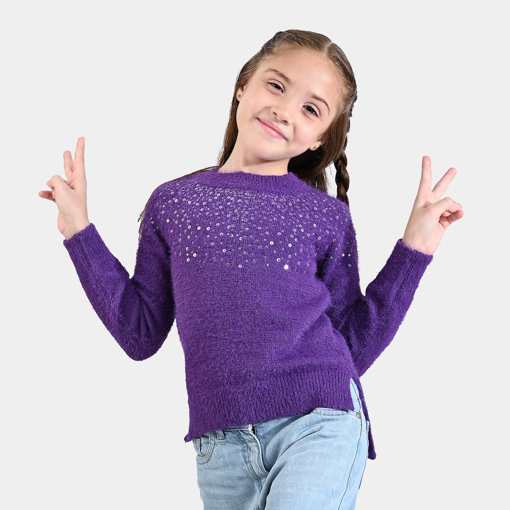 Girls Mix Fabric Sweater Sequins -Purple