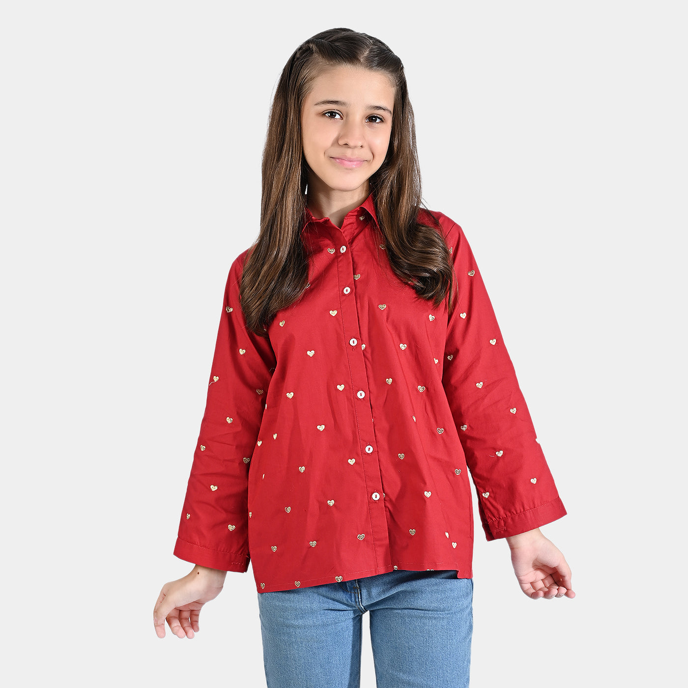 Girls Cotton Poplin Emb Top Golden Heart-Red