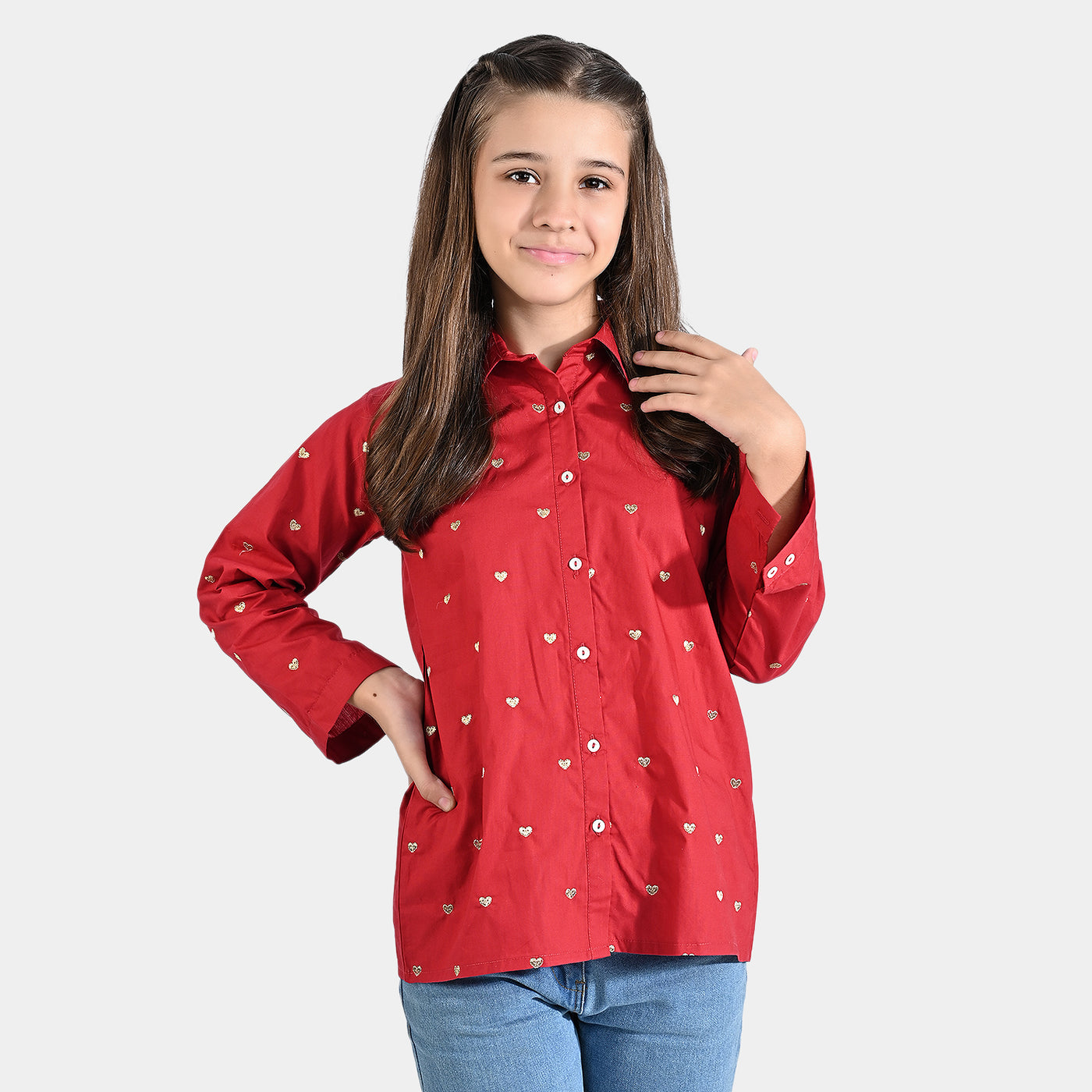 Girls Cotton Poplin Emb Top Golden Heart-Red