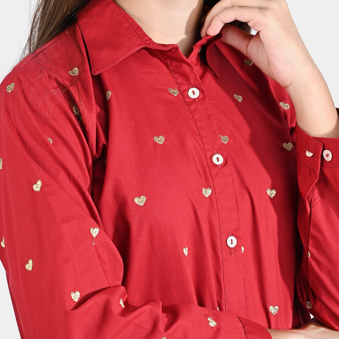 Girls Cotton Poplin Emb Top Golden Heart-Red