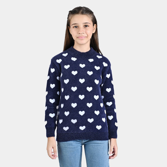 Girls Feather-Acrylic Sweater Feather Hearts-NAVY