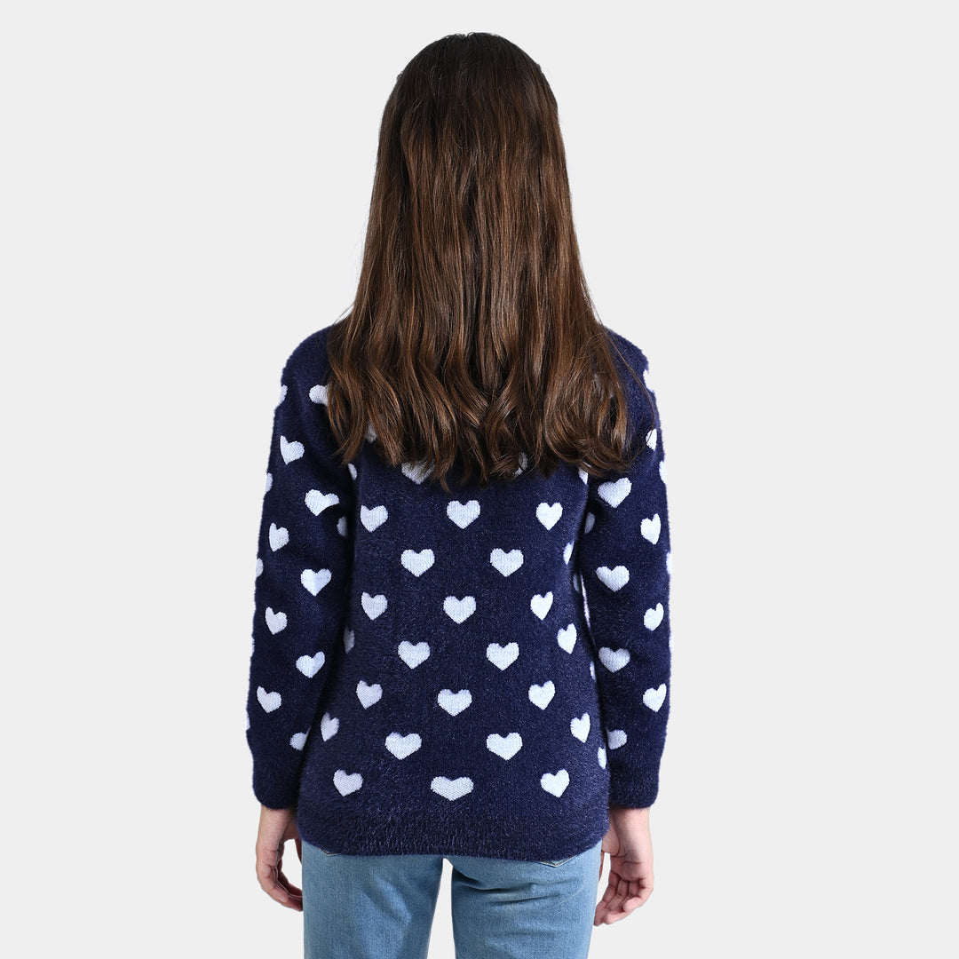 Girls Feather-Acrylic Sweater Feather Hearts-NAVY