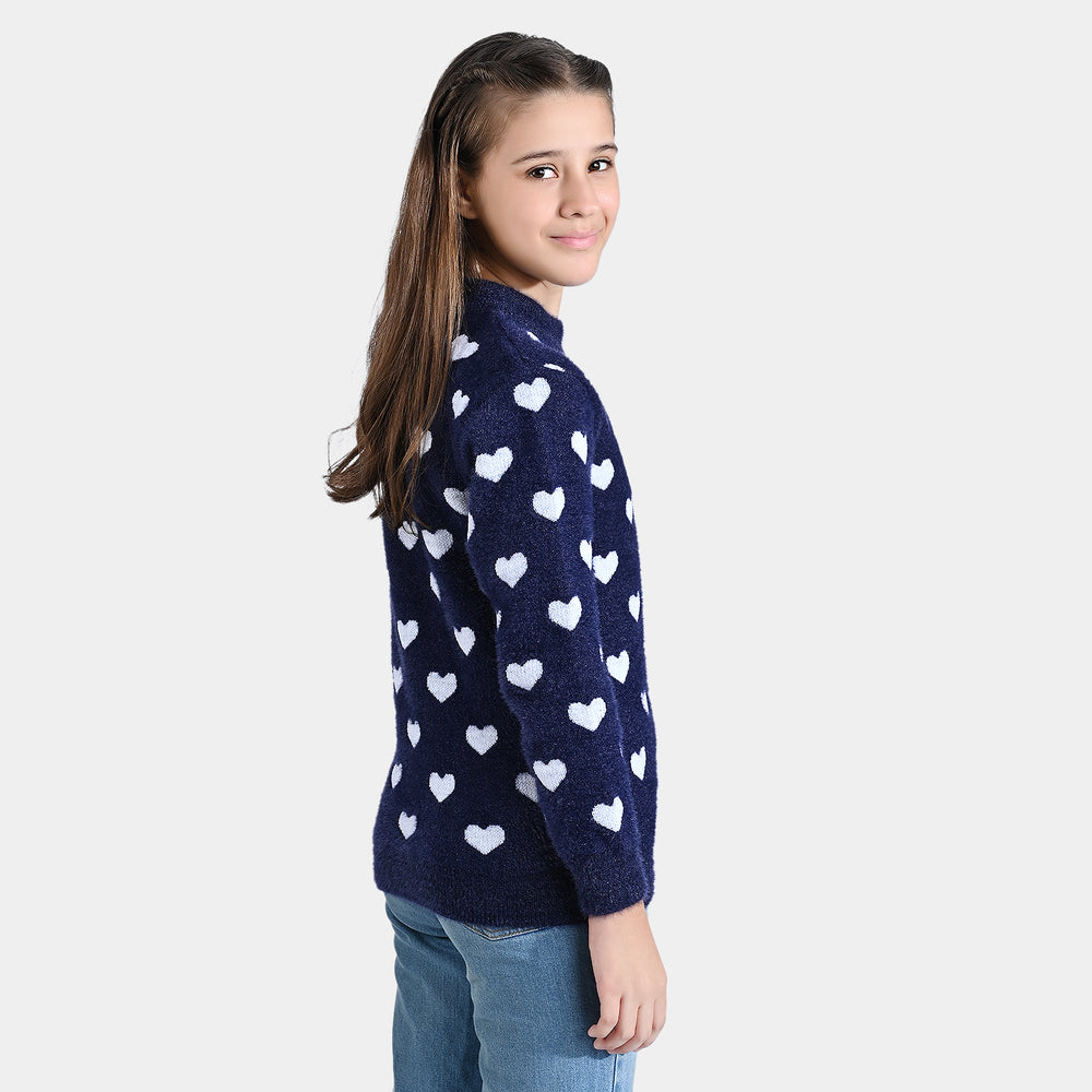 Girls Feather-Acrylic Sweater Feather Hearts-NAVY