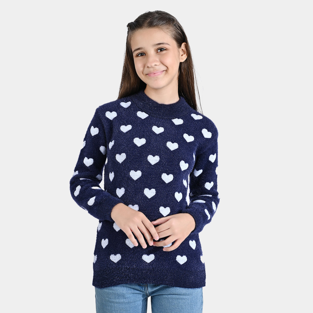 Girls Feather-Acrylic Sweater Feather Hearts-NAVY