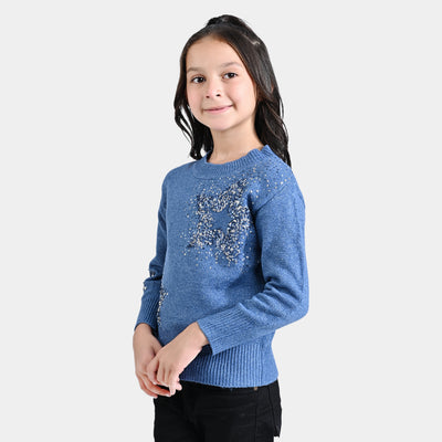 Girls Mix Fabric Sweater Stars-Blue