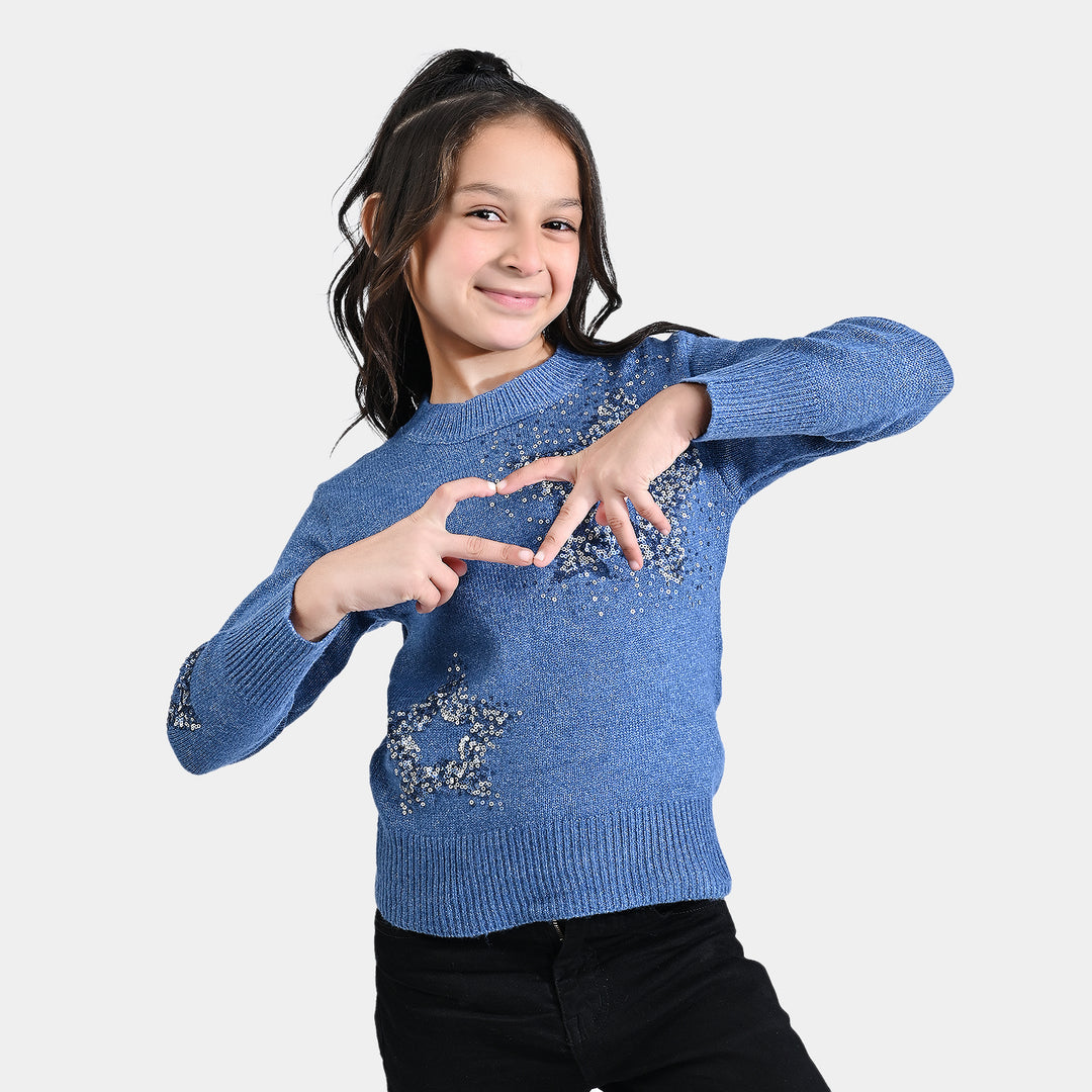 Girls Mix Fabric Sweater Stars-Blue