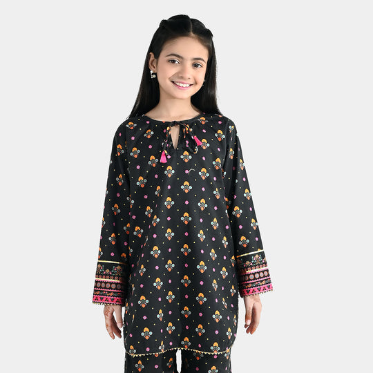 Girls Cotton Printed Kurti (Swan) - Black