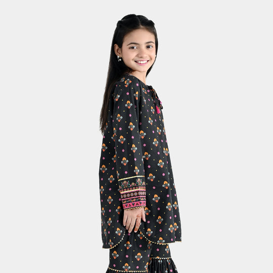 Girls Cotton Printed Kurti (Swan) - Black