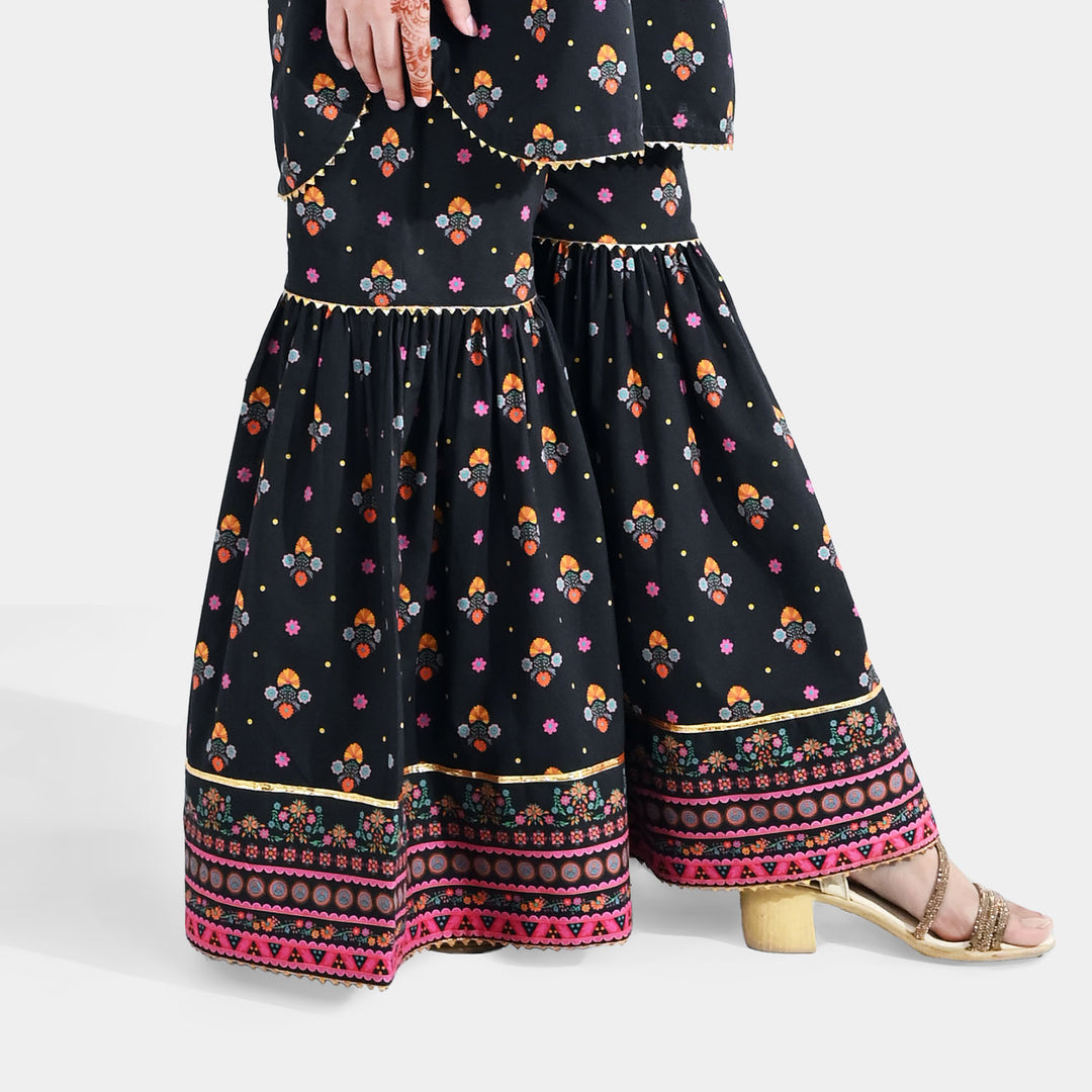 Girls Cotton Printed Gharara (Swan) – Black
