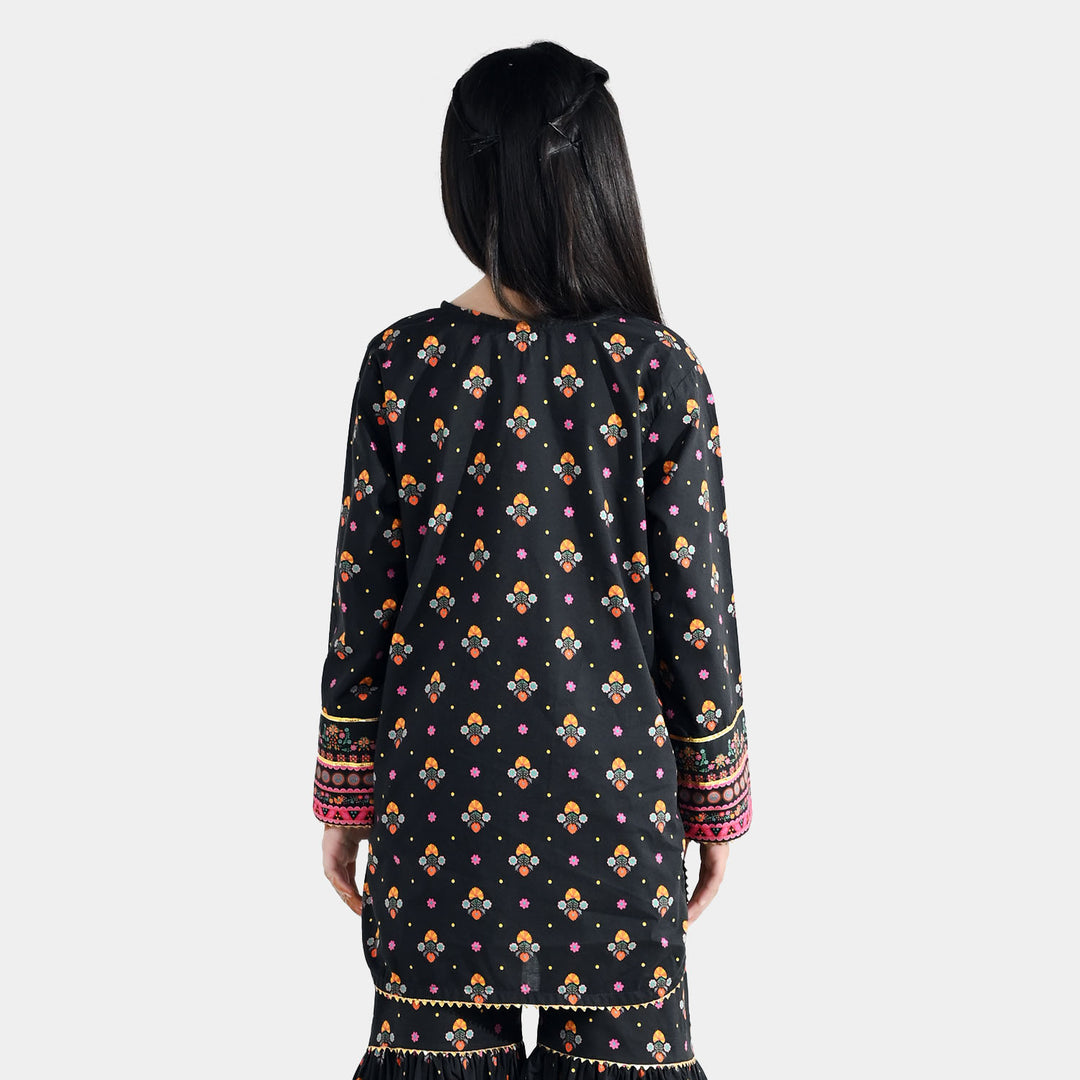 Girls Cotton Printed Kurti (Swan) - Black