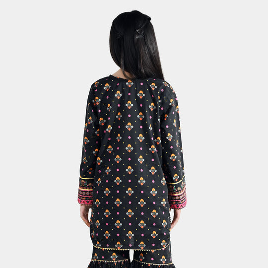 Girls Cotton Printed Kurti (Swan) - Black