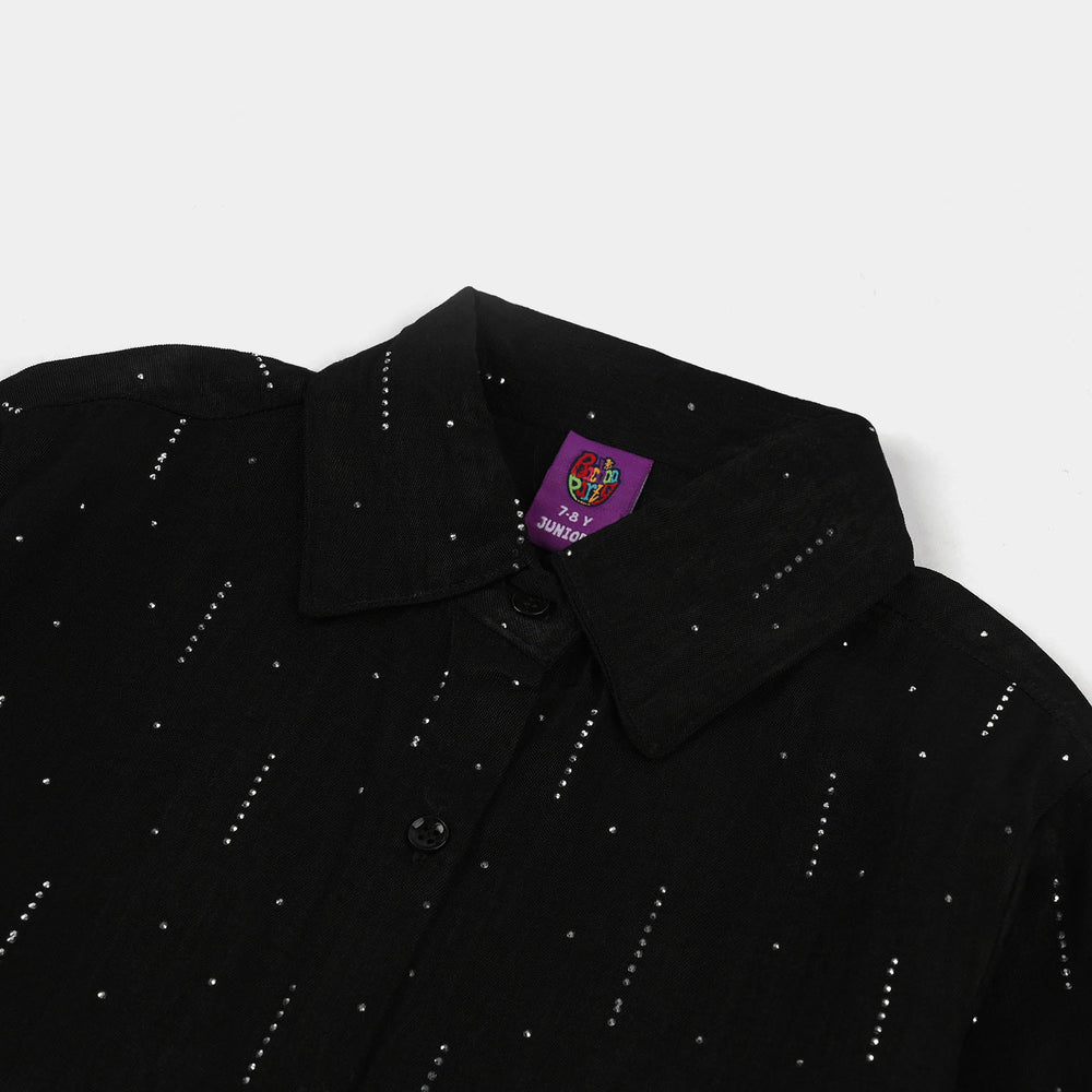 Girls Poly Crinkle Casual Top – Black