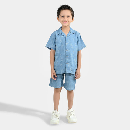 Boys Tencel Denim (Light Denim) Woven Suit-Palm Trees-Blue