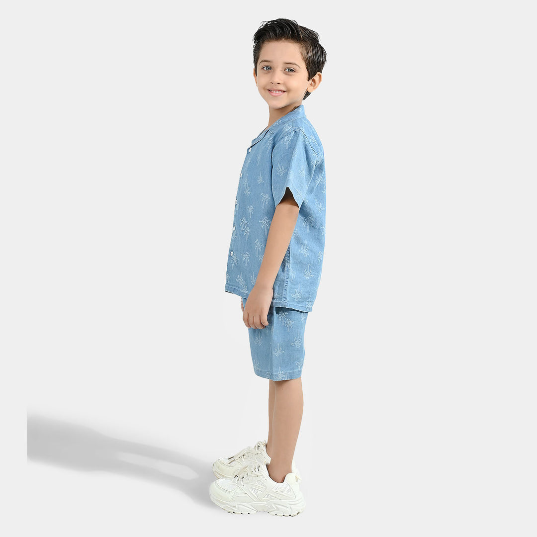Boys Tencel Denim (Light Denim) Woven Suit-Palm Trees-Blue