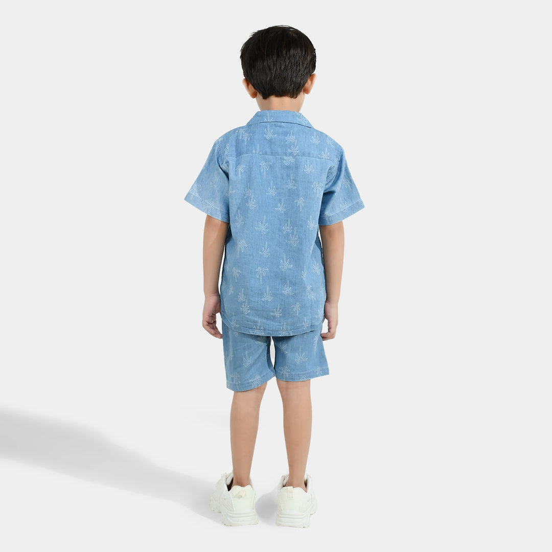 Boys Tencel Denim (Light Denim) Woven Suit-Palm Trees-Blue