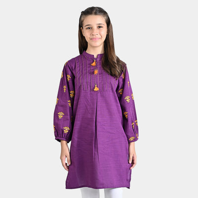 Girls Cotton Slub EMB Kurti Kanwal-Purple