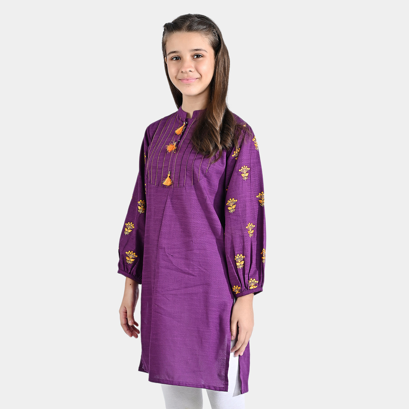 Girls Cotton Slub EMB Kurti Kanwal-Purple