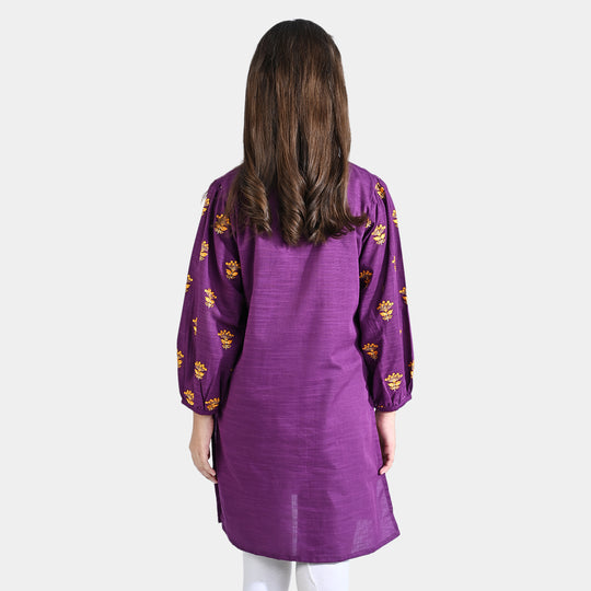 Girls Cotton Slub EMB Kurti Kanwal-Purple