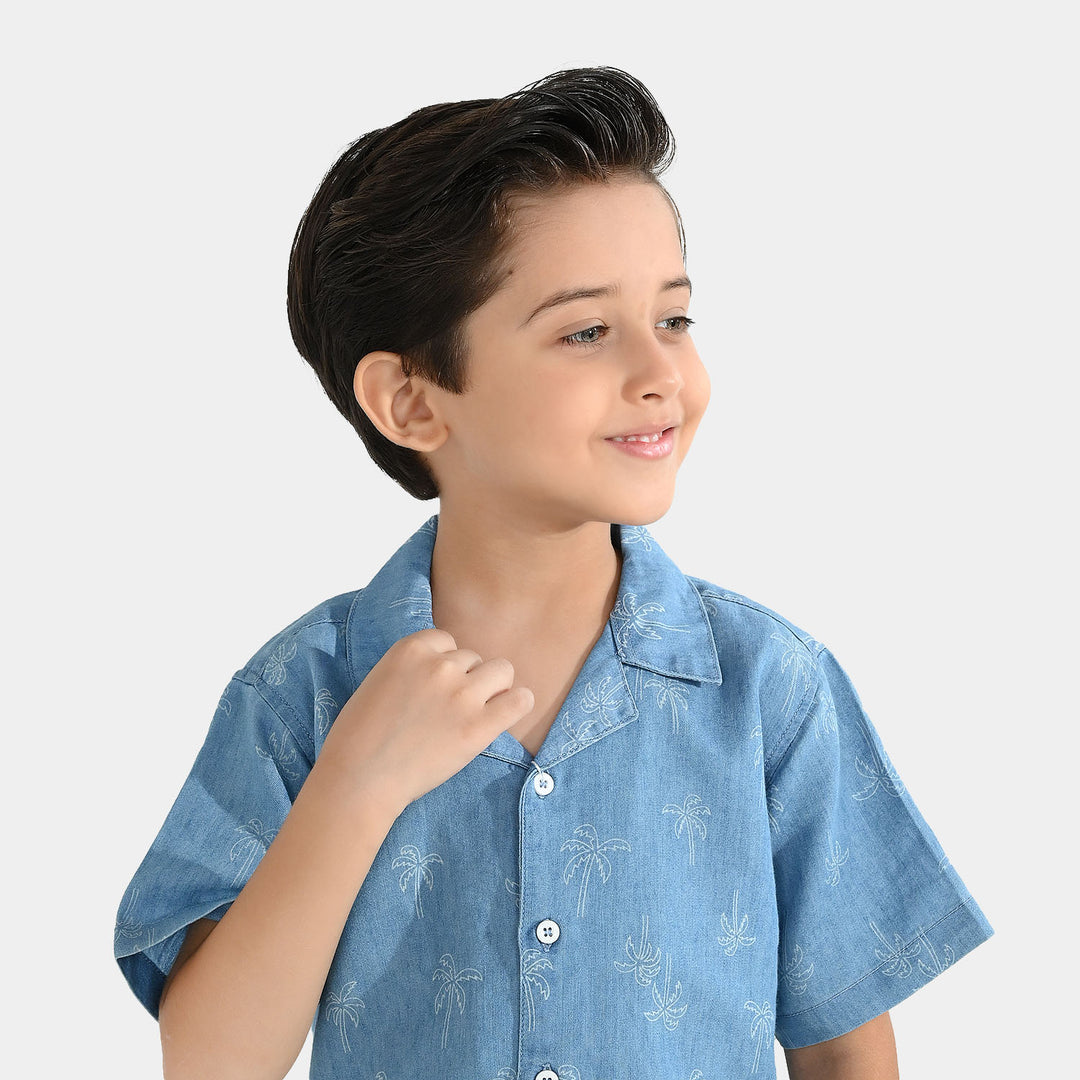 Boys Tencel Denim (Light Denim) Woven Suit-Palm Trees-Blue