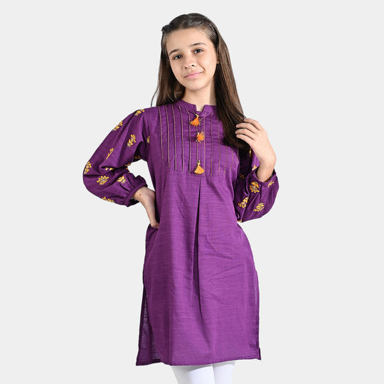 Girls Cotton Slub EMB Kurti Kanwal-Purple