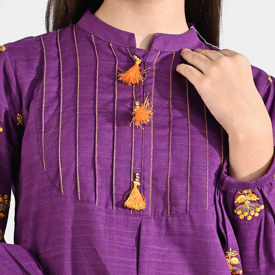 Girls Cotton Slub EMB Kurti Kanwal-Purple