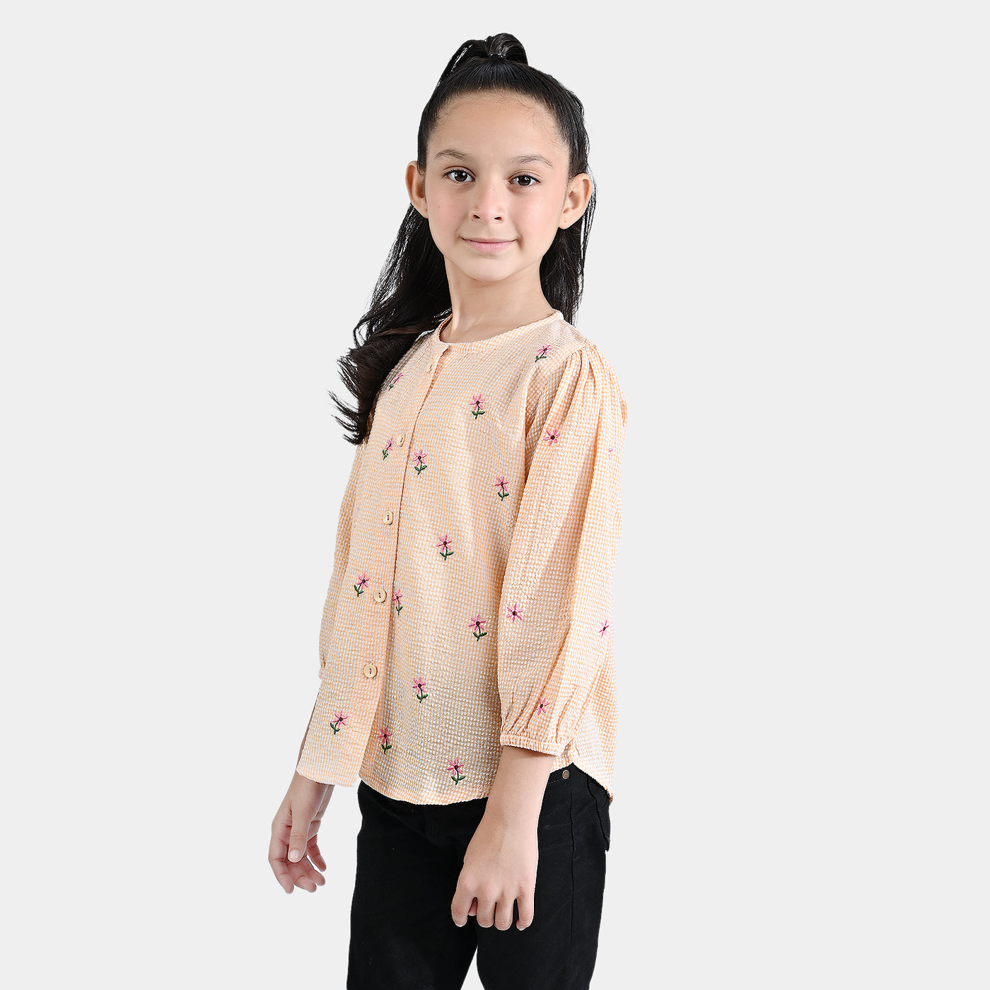 Girls Poly Cotton Emb Top Flowers