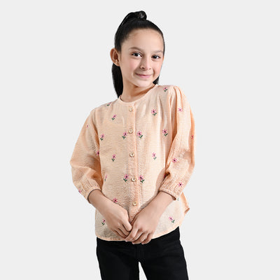 Girls Poly Cotton Emb Top Flowers