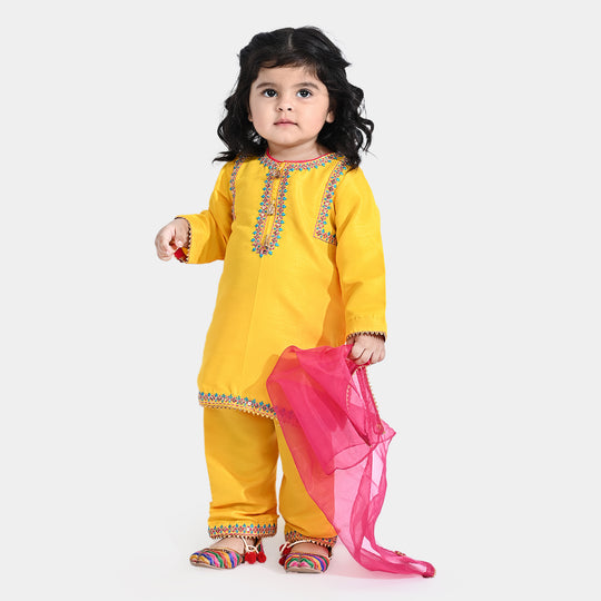 Infant Girls Raw Silk 3PC Suit Pretty-Yellow