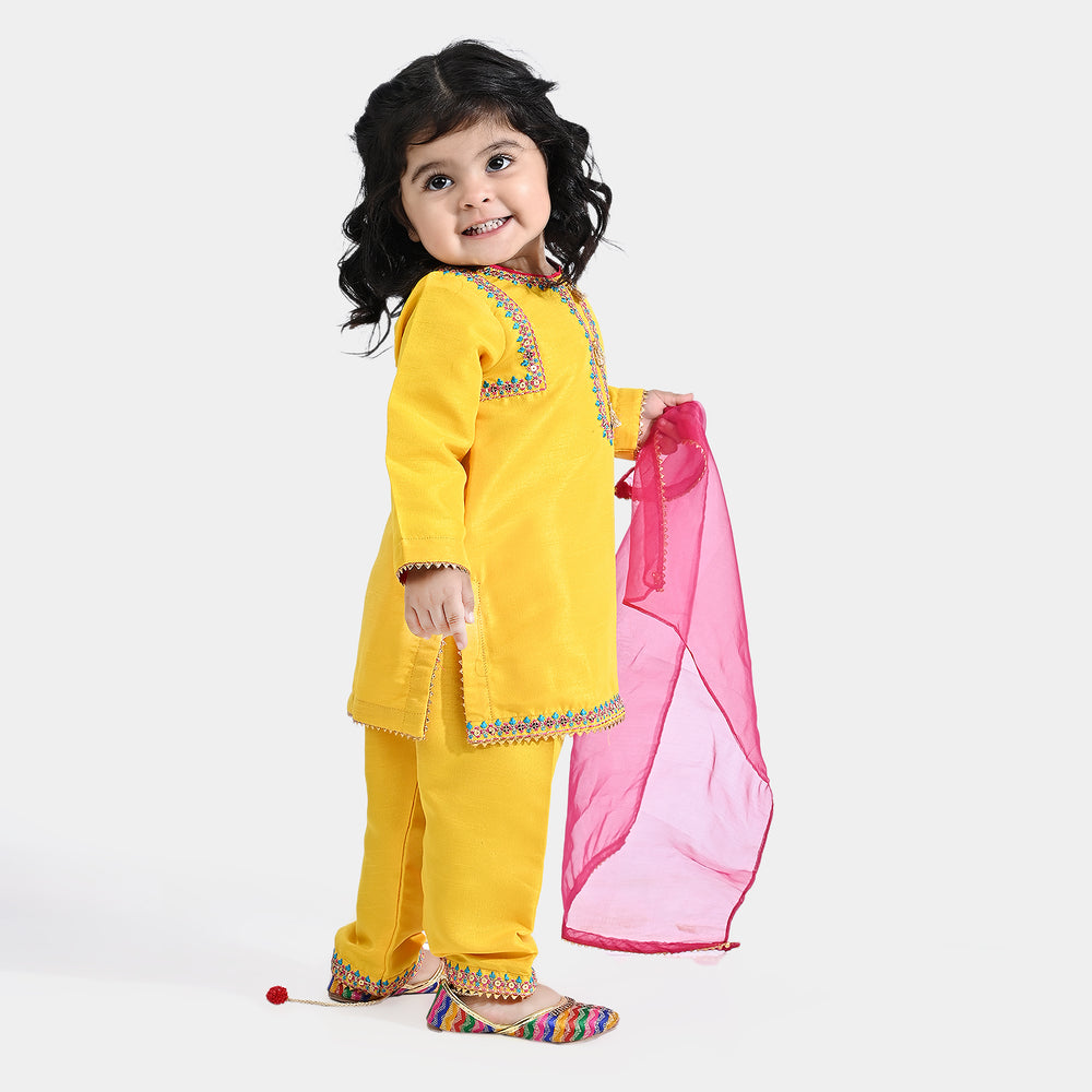 Infant Girls Raw Silk 3PC Suit Pretty-Yellow