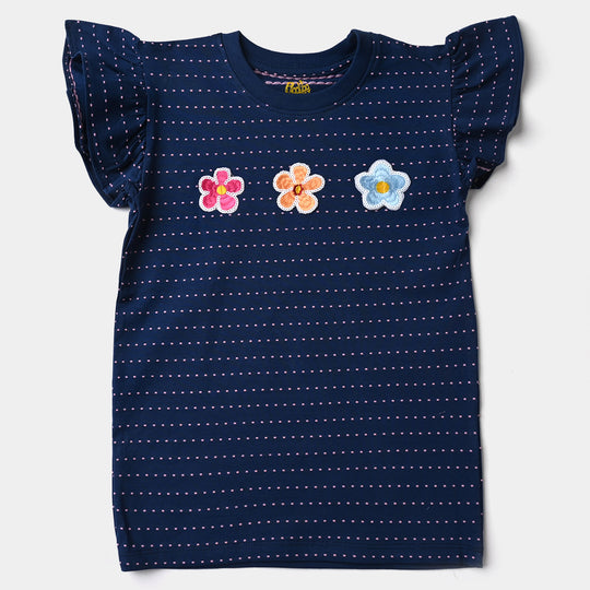 Girls Cotton Jersey T-Shirt H/S Flowers-Navy