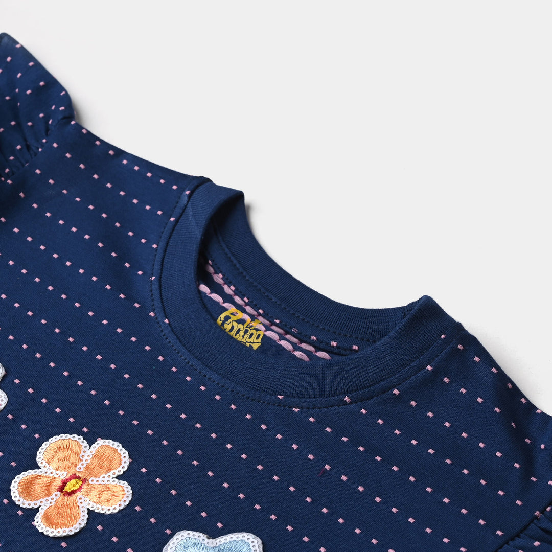 Girls Cotton Jersey T-Shirt H/S Flowers-Navy