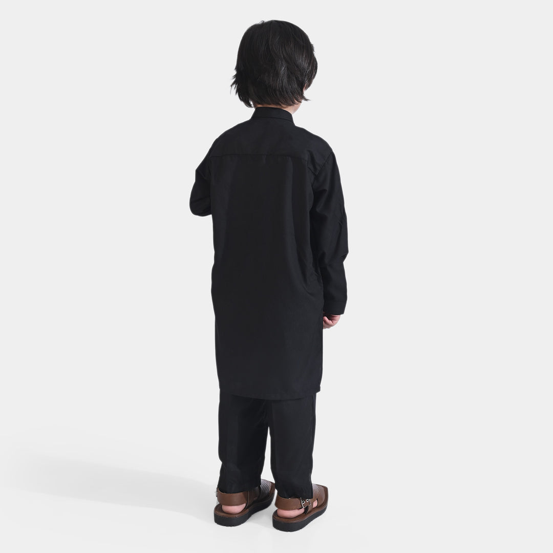 Boys Poly Viscose 2PC Suit Double Band Collar -BLACK