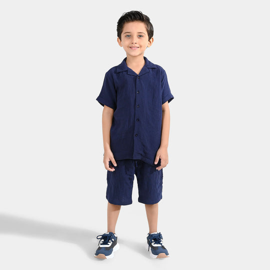 Boys Gauze Woven Suit-Basic Cuban-NAVY