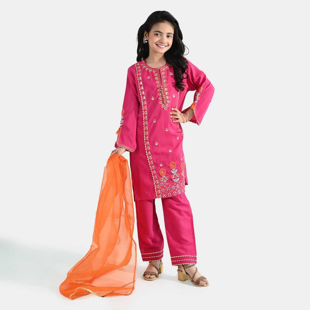 Girls Poly Cambric 3Pcs (Rangeen) – Shocking Pink