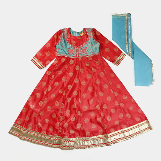 Girls Poly Satin 2Pcs Suit-Red