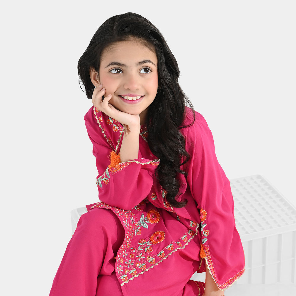 Girls Poly Cambric 3Pcs (Rangeen) – Shocking Pink