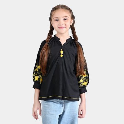 Girls Cotton Poplin Emb Top Yellow Impact-BLACK