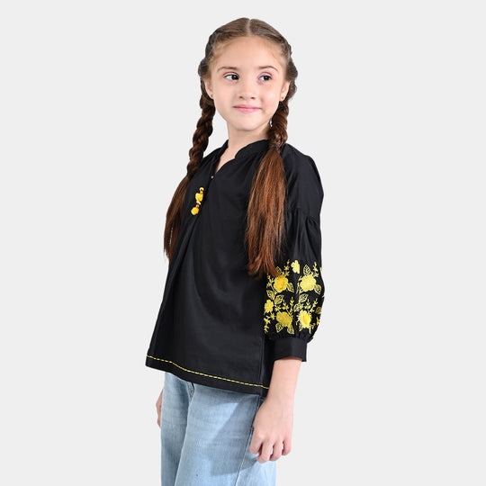 Girls Cotton Poplin Emb Top Yellow Impact-BLACK